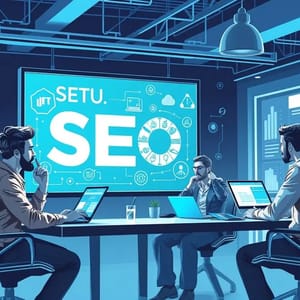 Cenário de colaboração digital entre profissionais de marketing discutindo tendências de SEO.