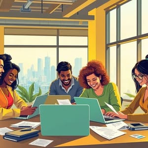 Grupo de empreendedores trabalhando juntos em um ambiente online.