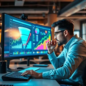 Imagem de um empreendedor analisando o funil de vendas em um computador.