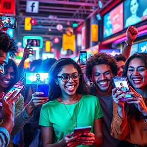 Diversas pessoas usando plataformas de mídia social para criar e compartilhar conteúdo.