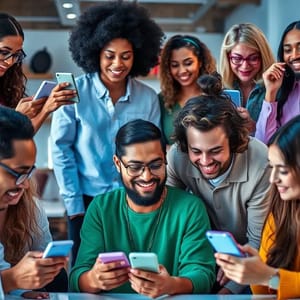 Grupo diversificado de influenciadores engajando com produtos online.