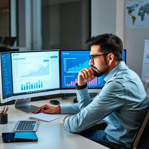 Pessoa trabalhando frente a vários dispositivos mostrando gráficos e planos de SEO para crescimento digital.