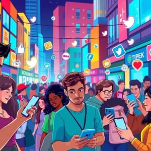 Ilustração simbolizando a interação entre clientes e marcas com smartphones e redes sociais.