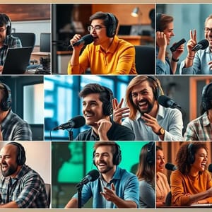 Colagem de podcasters trabalhando com microfones