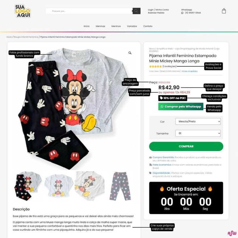 loja dropshipping pronta moda infantil pagina de produto diferenciais amplifica web min
