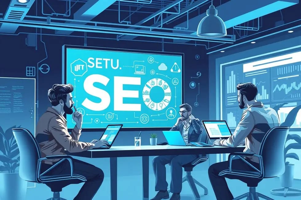 Cenário de colaboração digital entre profissionais de marketing discutindo tendências de SEO.