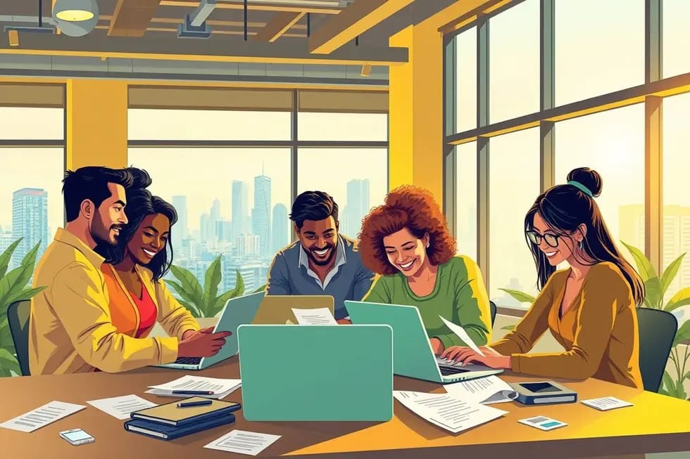 Grupo de empreendedores trabalhando juntos em um ambiente online.