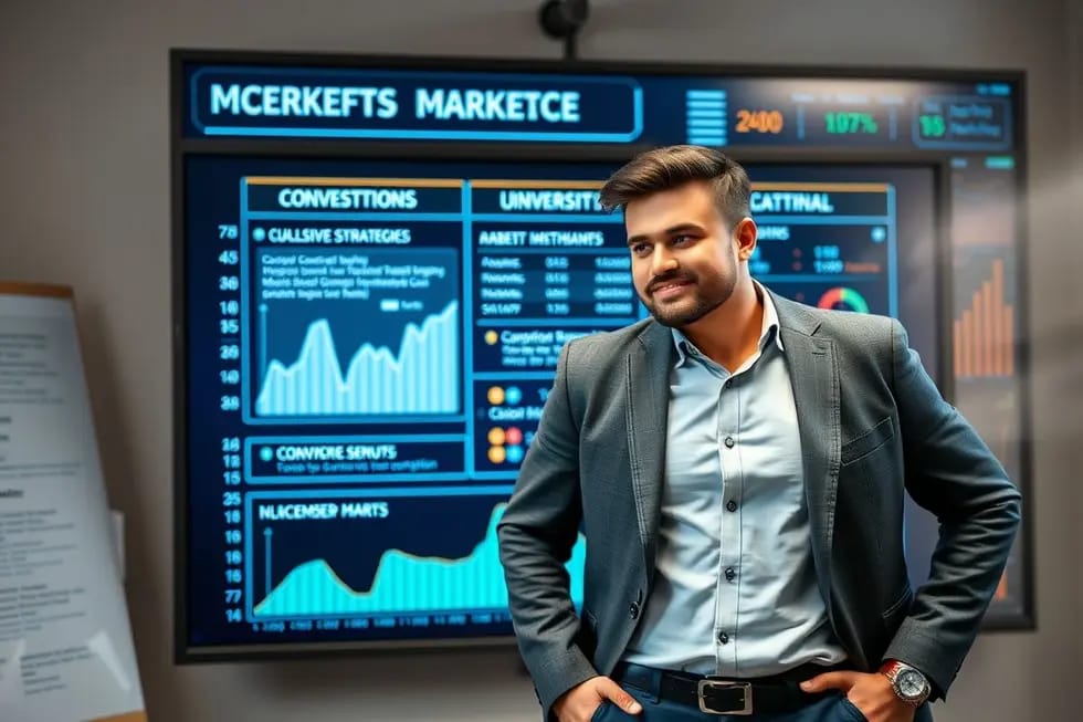 Empreendedor analisando dados de marketing de sucesso.