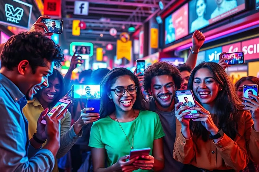 Diversas pessoas usando plataformas de mídia social para criar e compartilhar conteúdo.