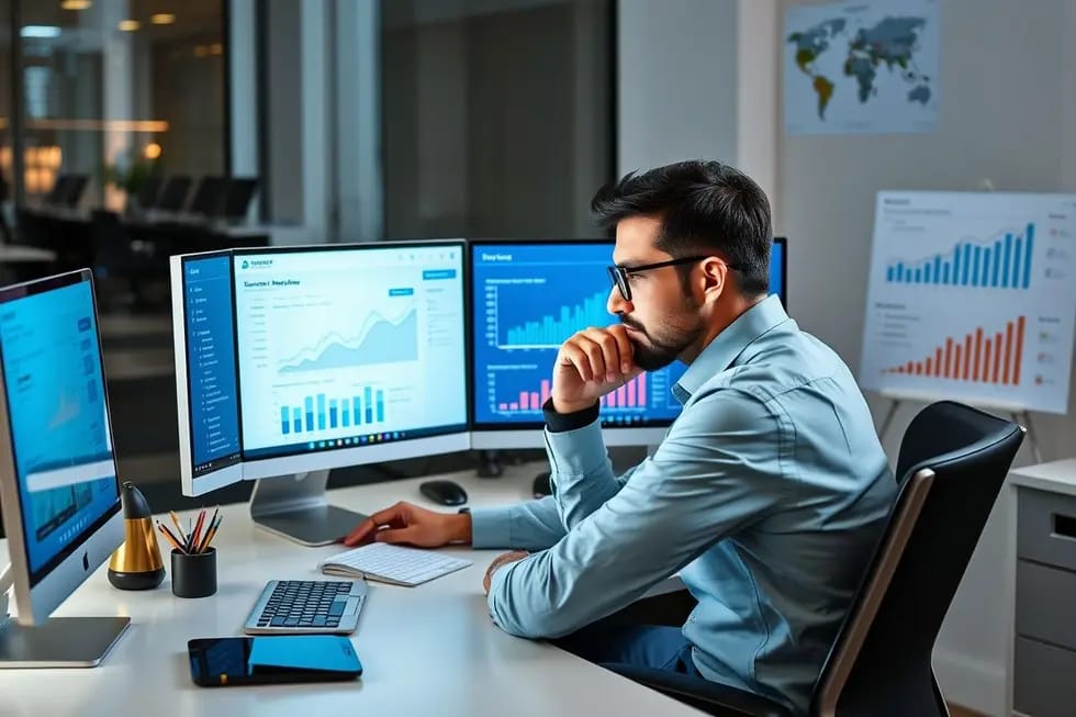 Pessoa trabalhando frente a vários dispositivos mostrando gráficos e planos de SEO para crescimento digital.