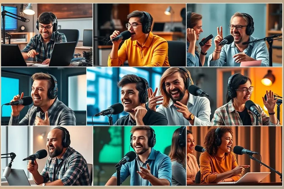 Colagem de podcasters trabalhando com microfones