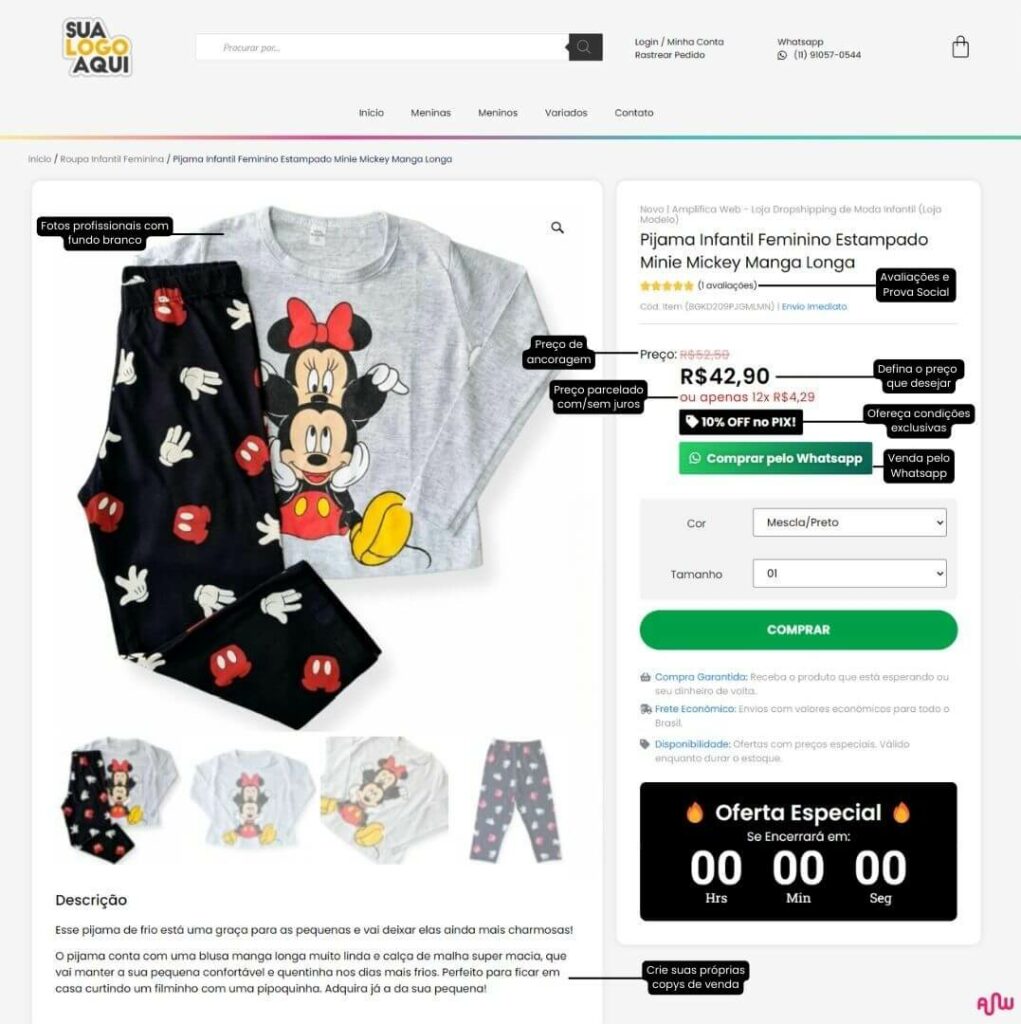loja dropshipping pronta moda infantil pagina de produto diferenciais amplifica web min