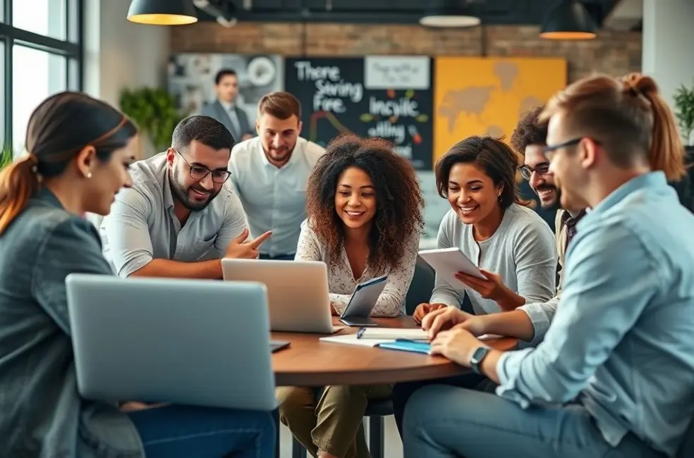 Diversas pessoas colaborando em ideias criativas para monetizar seus conhecimentos.